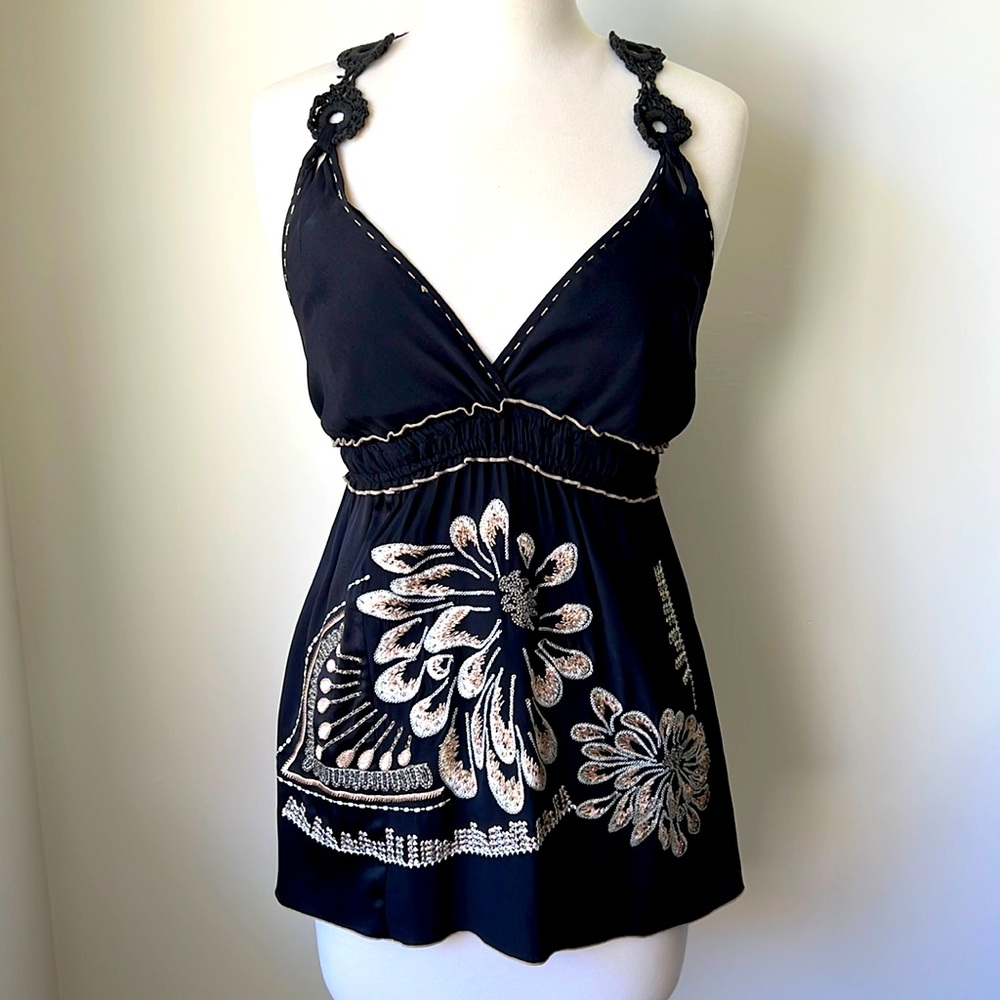 Hale Bob Silk and Macramé Top